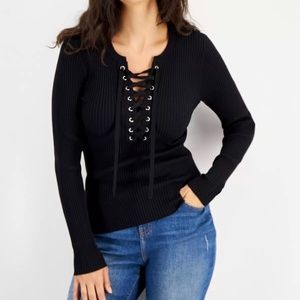 INC INTERNATIONAL CONCEPTS BLACK RIBBED LACE UP SWEATER - SIZE XS